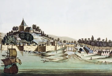 Der Hafen und die Stadt Malakka, Malaysia, Illustration aus 